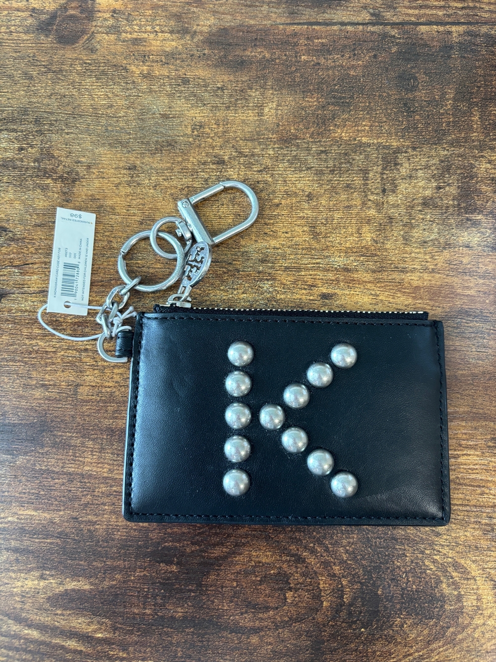 Tory Burch Snake-Print Leather Card Wallet Letter K w/ Key Ring - Black & White